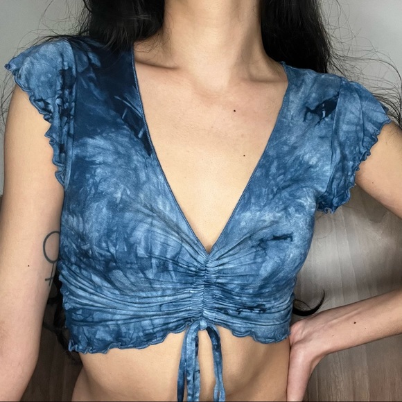 Antistar Blue Acid Wash Ruched Crop Top - Picture 1 of 5